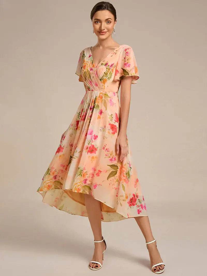 Pleated Ruffle Chiffon Wedding Guest Dress – Elegant Flowy Gown - Biamonde